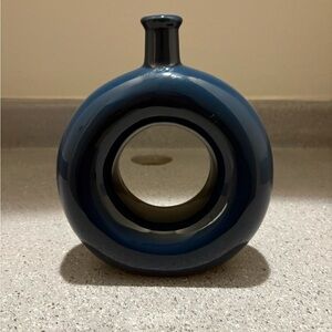 Modern Round Donut Hole Ceramic Vase – Navy Blue, 7” x 6”